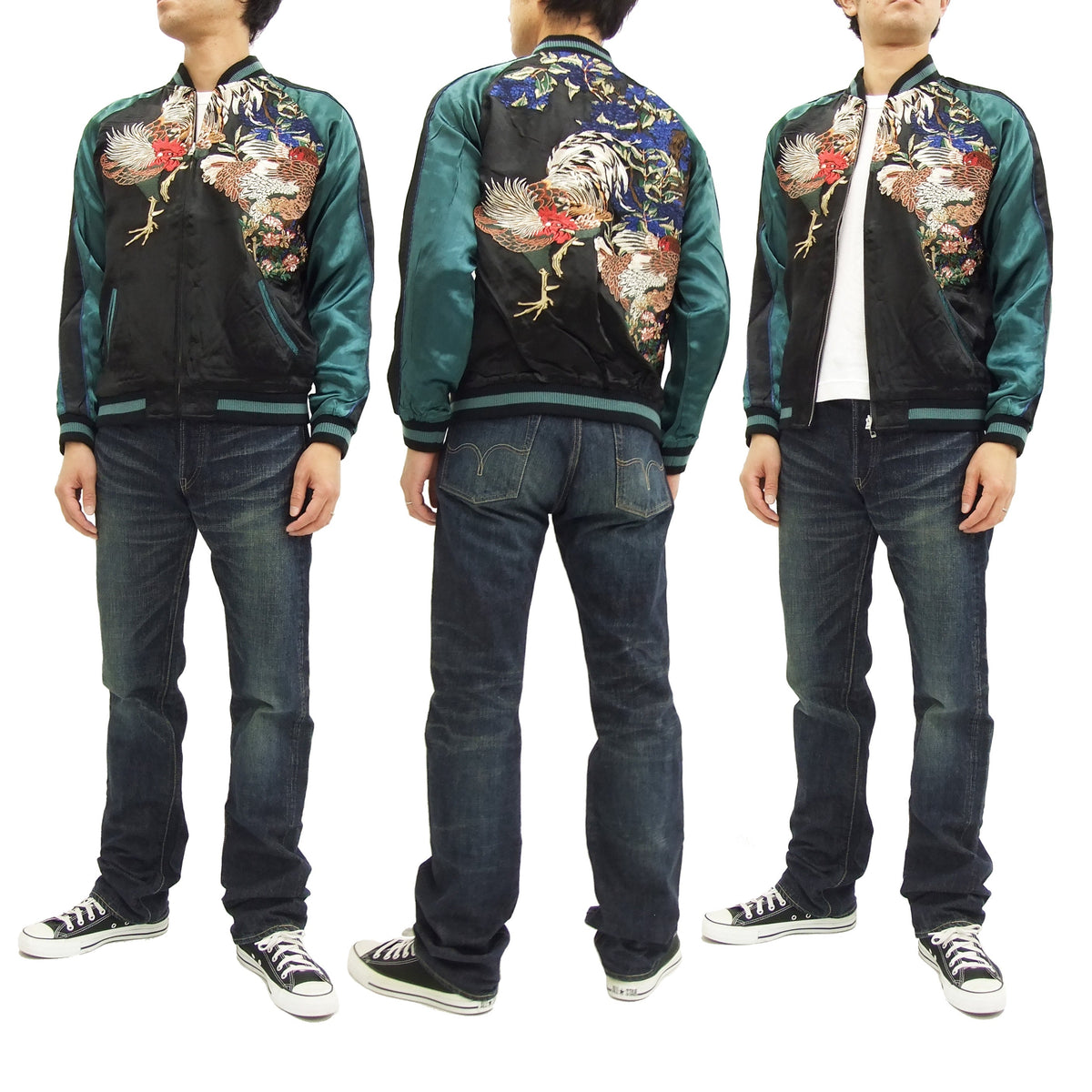 Hanatabi Gakudan Men's Japanese Souvenir Jacket Rooster and Hen Japanese Art Sukajan Script SSJ-018