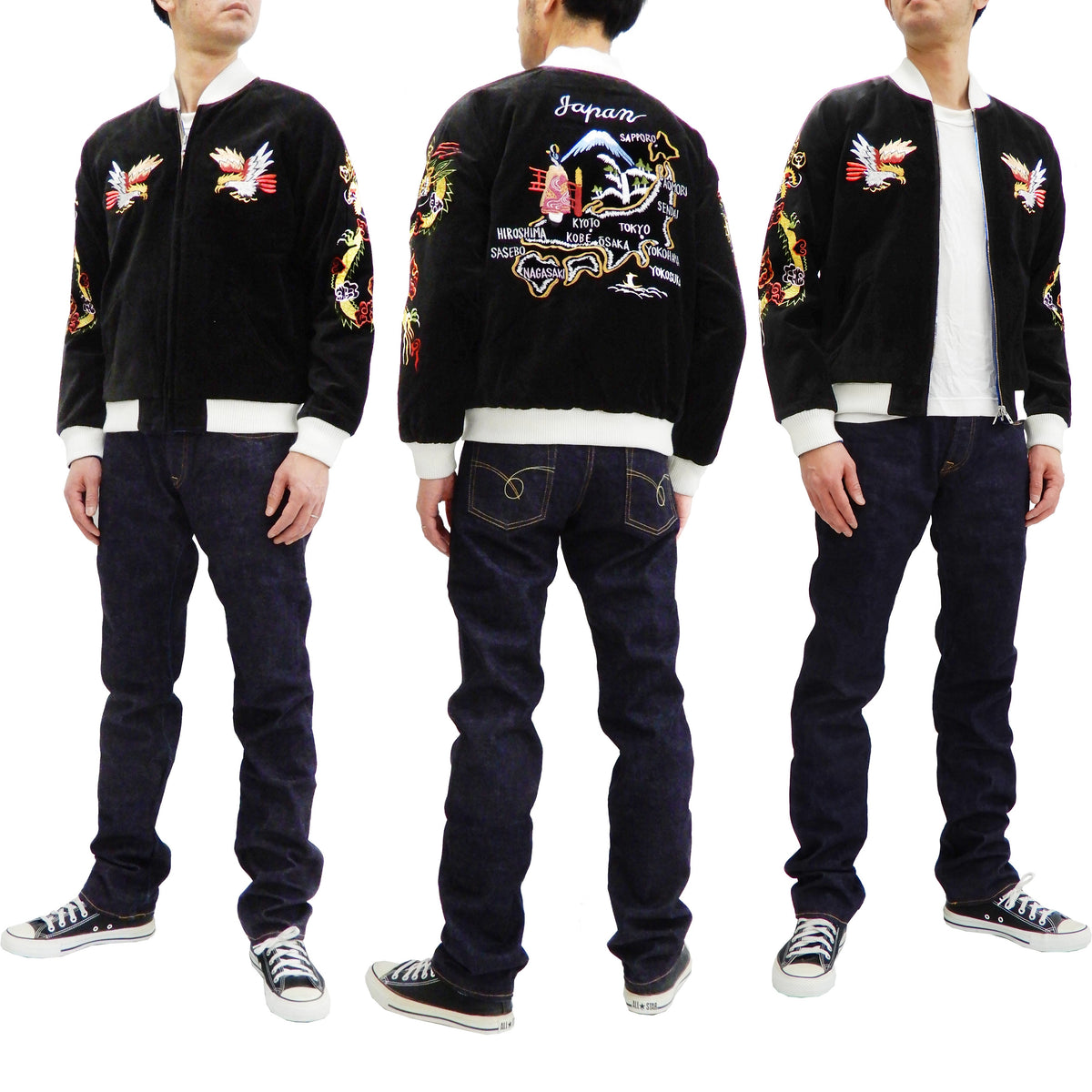 Hanatabi Gakudan Men's Velvet Japanese Souvenir Jacket Japan Map Sukajan Script SVJ-001