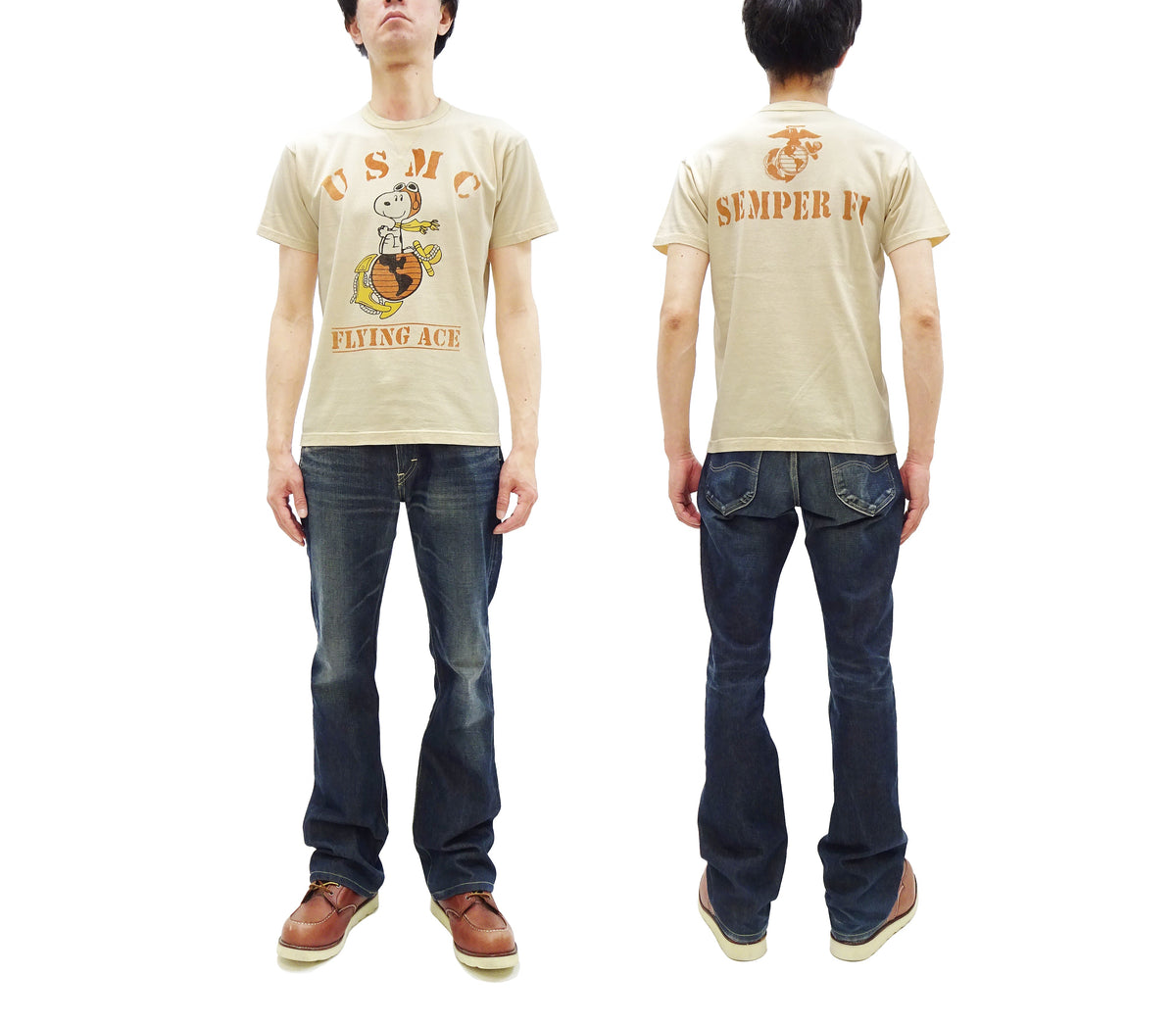 TOYS McCOY Graphic Loopwheel T-shirt - Men's Short Sleeve Flying Ace Snoopy x USMC Printed Tee TMC2527 Garment-Dyed Finish 040 Faded-Natural
