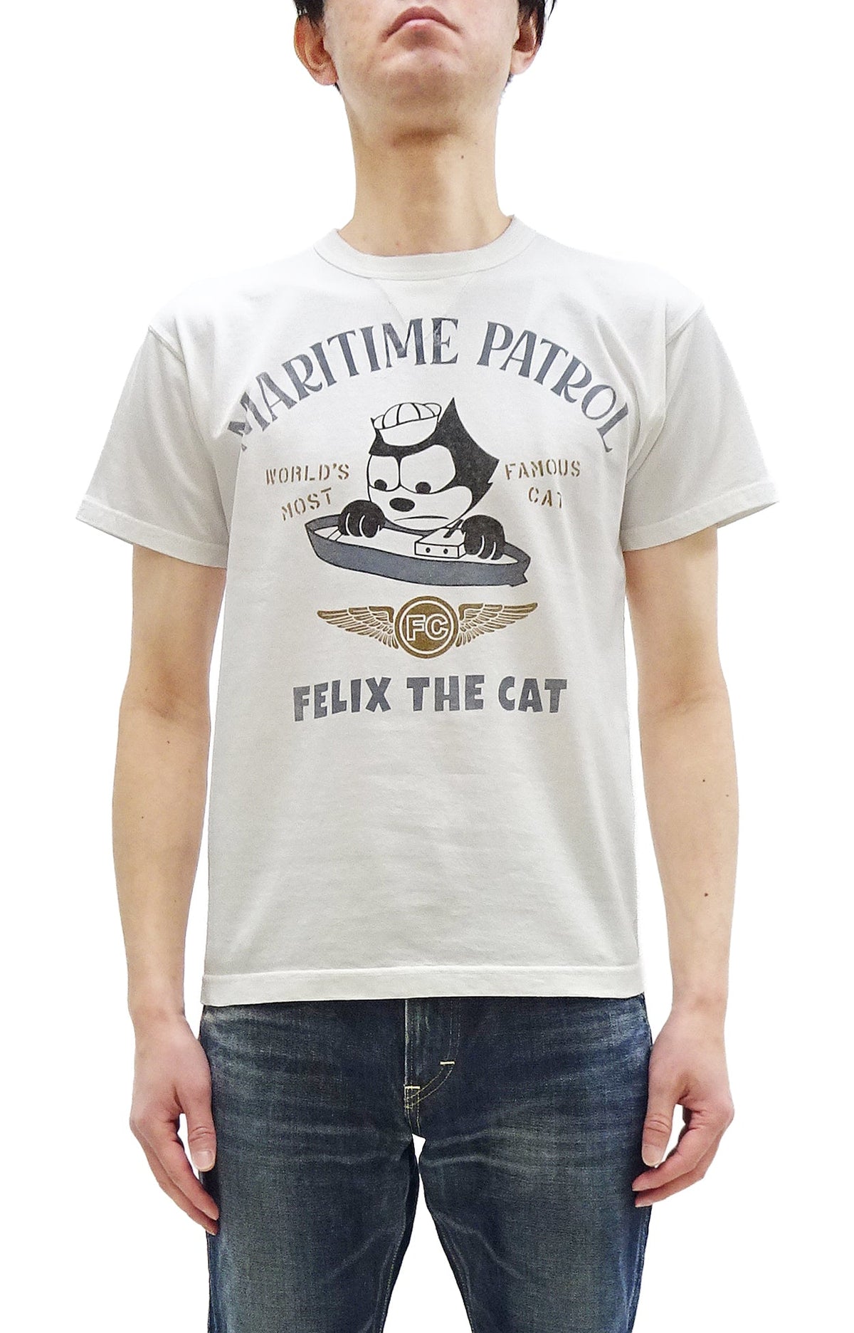 TOYS McCOY Men's Felix the Cat U.S. Navy Graphic Short Sleeve T-Shirt - Loopwheel Tubular Jersey, Garment Dyed, Made in Japan (TMC2601 011 Muted Off-White)