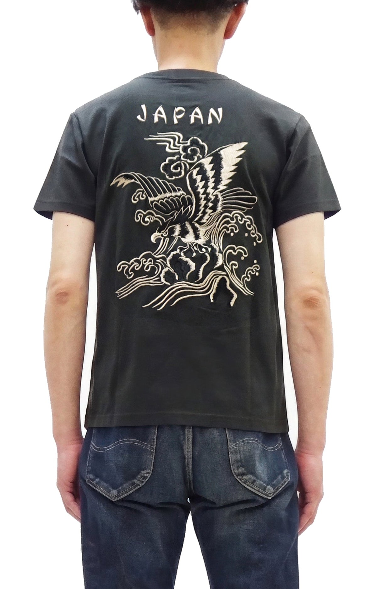 Tailor Toyo Men's Eagle-Embroidered Short Sleeve T-Shirt, Sukajan-Inspired Cotton Tee (Toyo Enterprises TT79742 118 Antique Black)