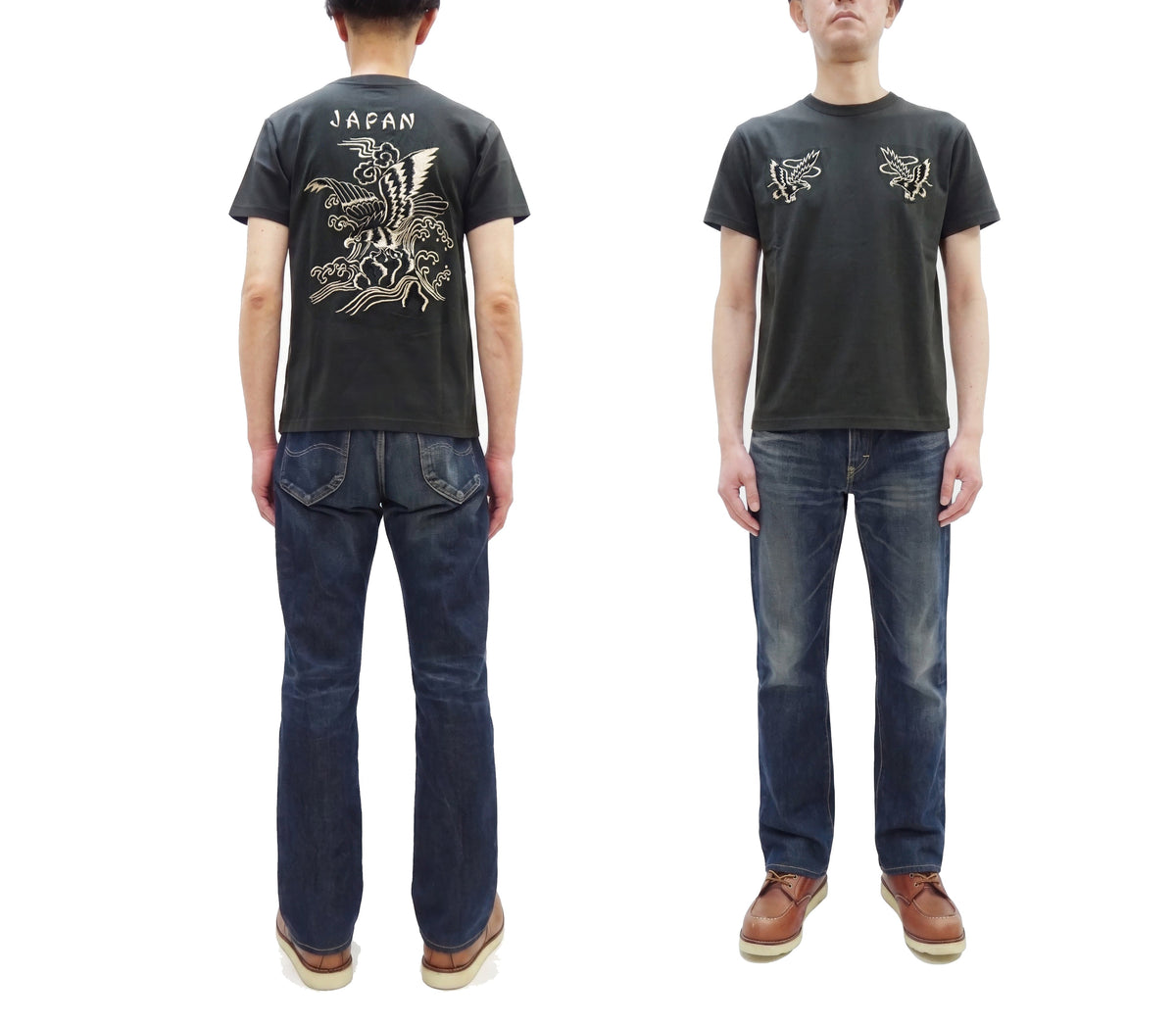 Tailor Toyo Men's Eagle-Embroidered Short Sleeve T-Shirt, Sukajan-Inspired Cotton Tee (Toyo Enterprises TT79742 118 Antique Black)