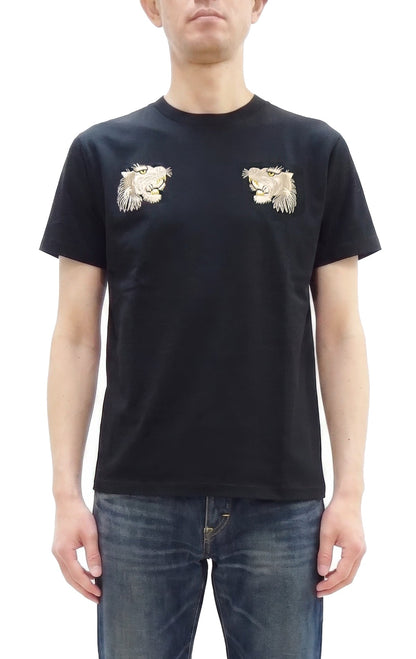 Tailor Toyo Men's Tiger-Embroidered Short Sleeve T-Shirt, Sukajan-Inspired Cotton Tee (Toyo Enterprises TT79743 119 Black)